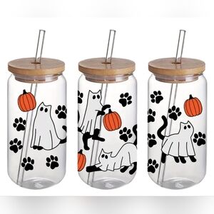 Halloween Ghost costume Cat with pumpkin Funny Handmade Iced Coffee Glass Cup |